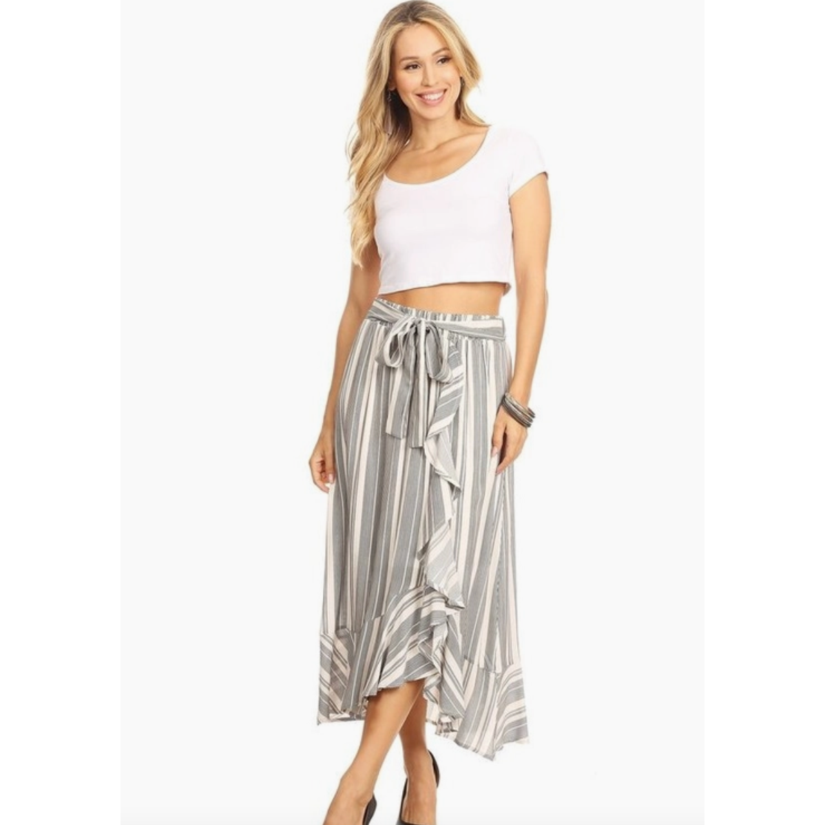 Woven Grey & White Midi Skirt