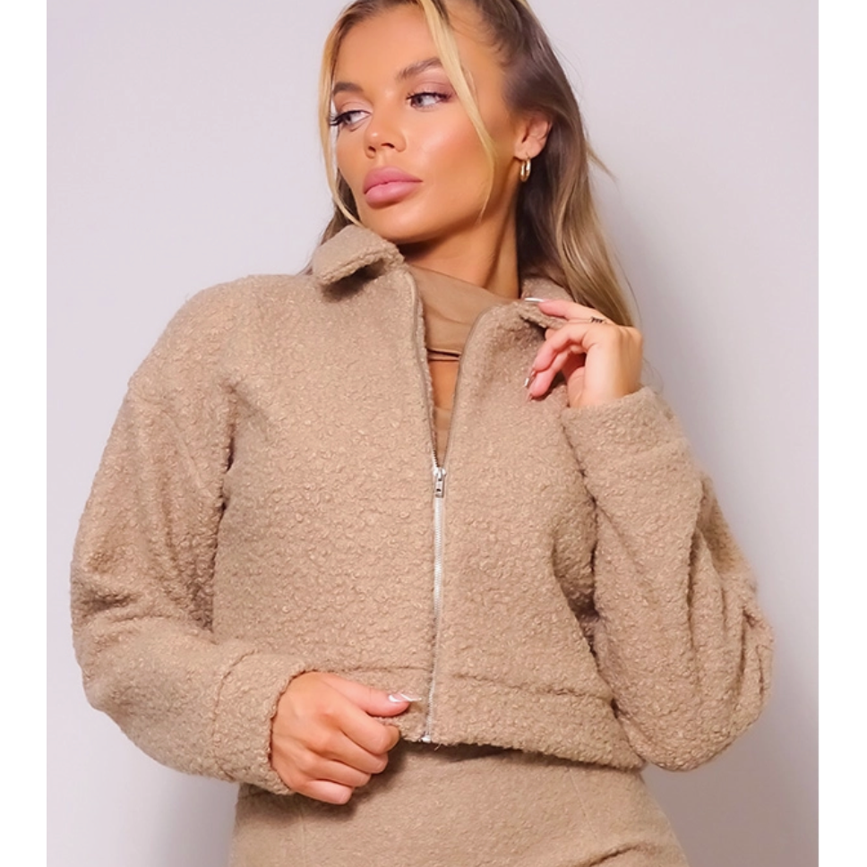 Tan Cropped Teddy Jacket