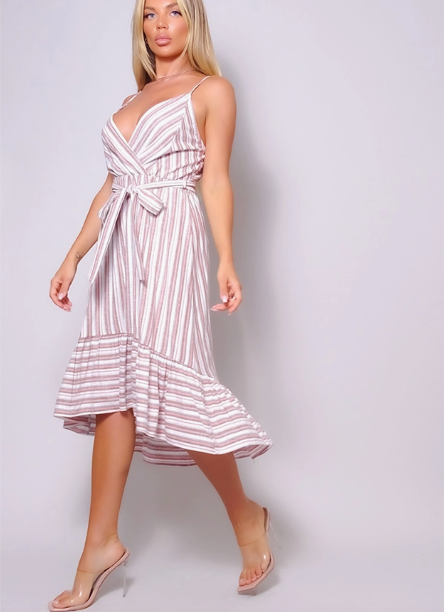 Pink & White Linen Midi Dress