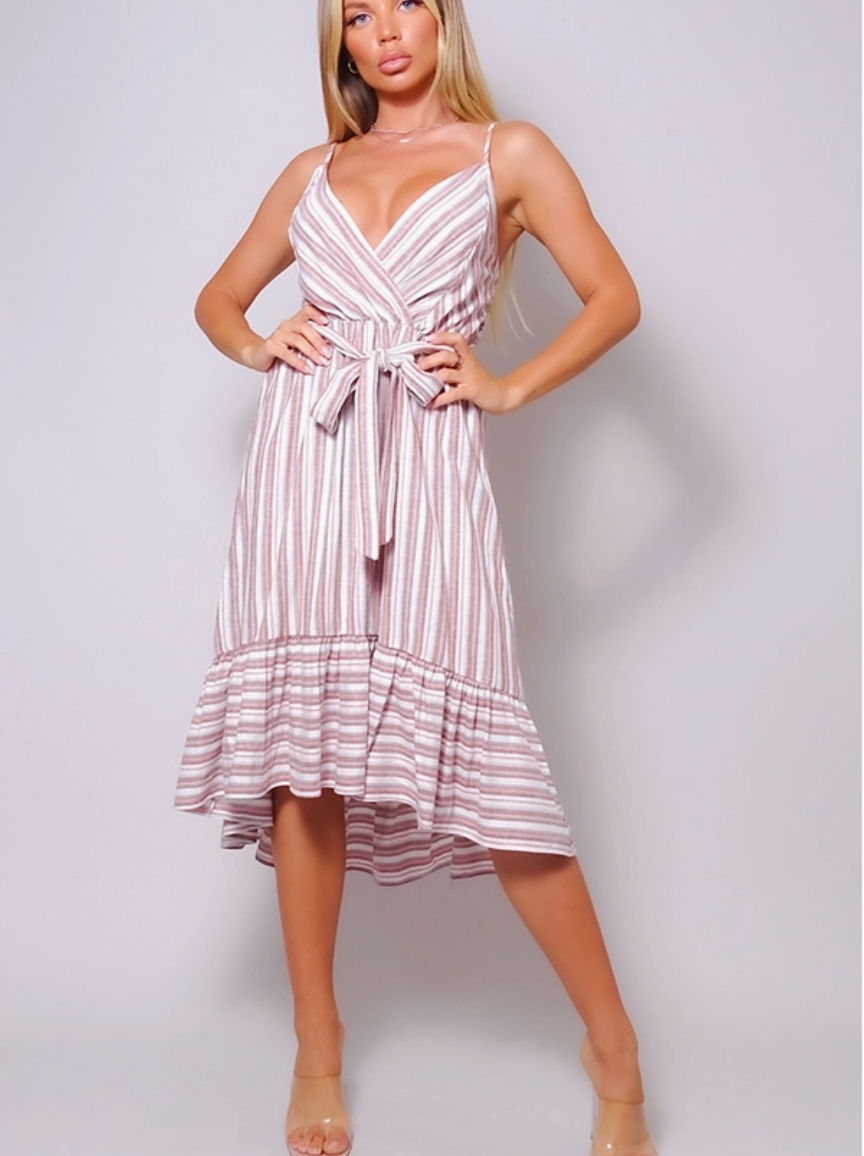 Pink & White Linen Midi Dress