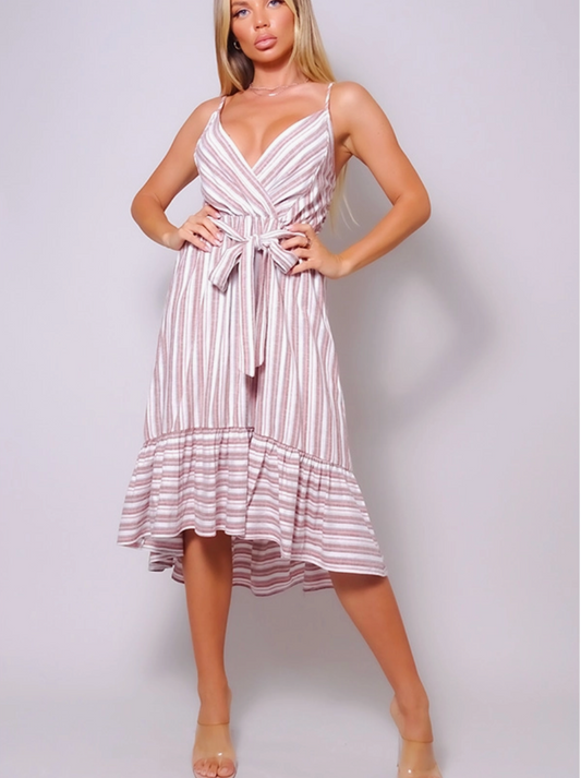 Pink & White Linen Midi Dress