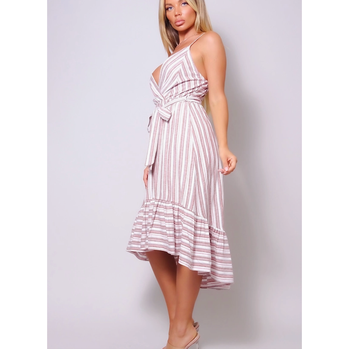 Pink & White Linen Midi Dress