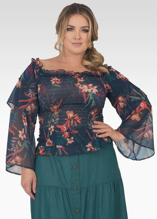 Smocked Tiered Floral Curvy Fit Blouse