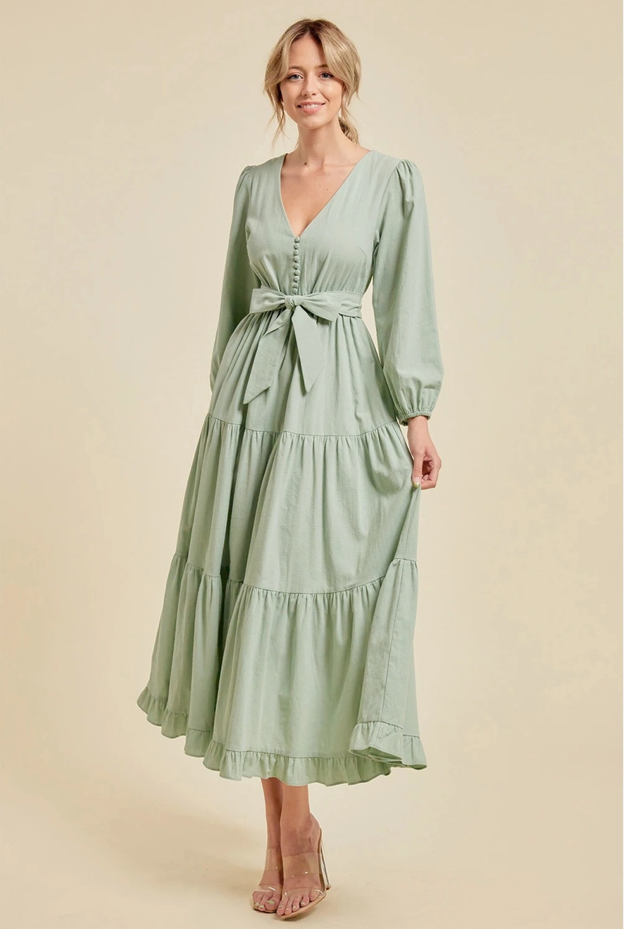 Sage Tie Waist Maxi Dress