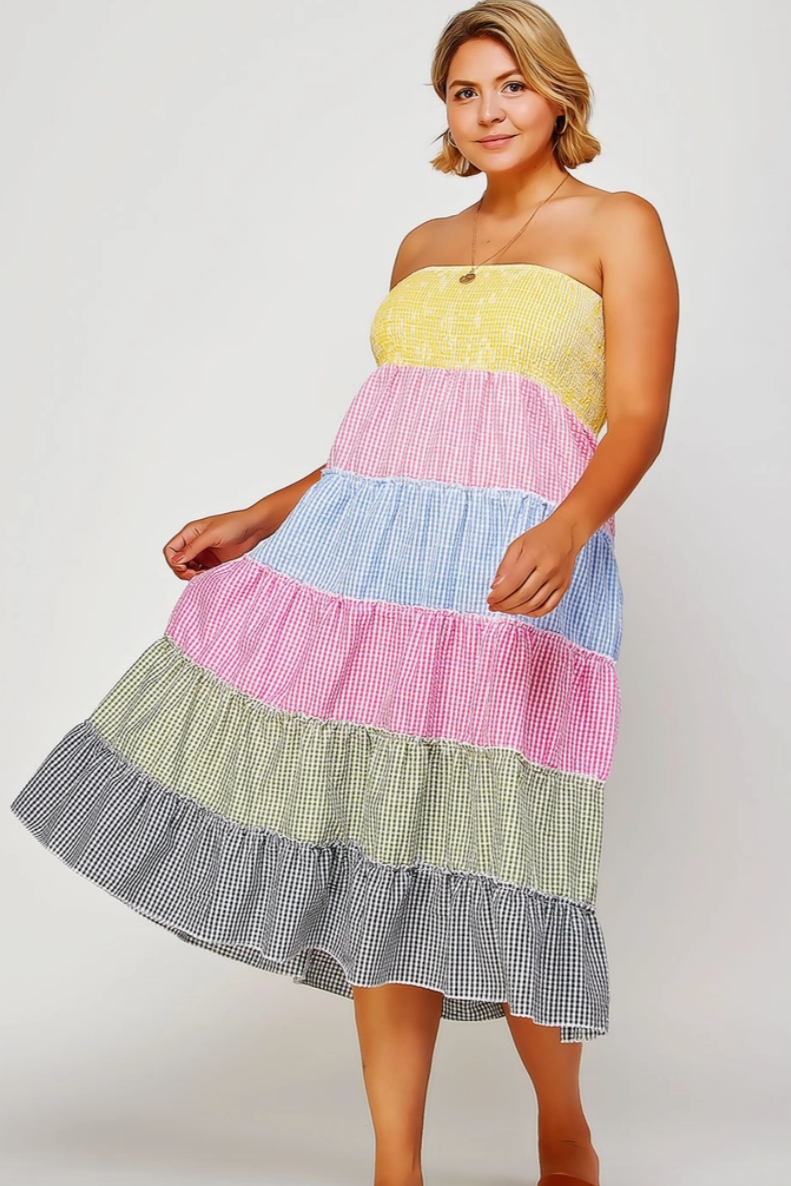 Tiered Smocked Gingham Convertible Curvy Fit Skirt Dress