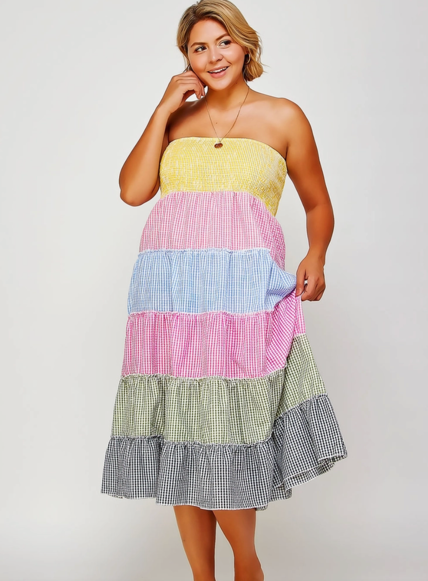 Tiered Smocked Gingham Convertible Curvy Fit Skirt Dress