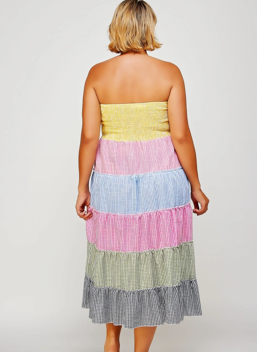 Tiered Smocked Gingham Convertible Curvy Fit Skirt Dress