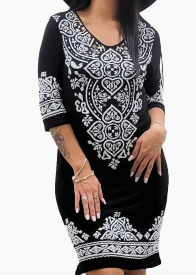 Black Damask 3/4 Dress