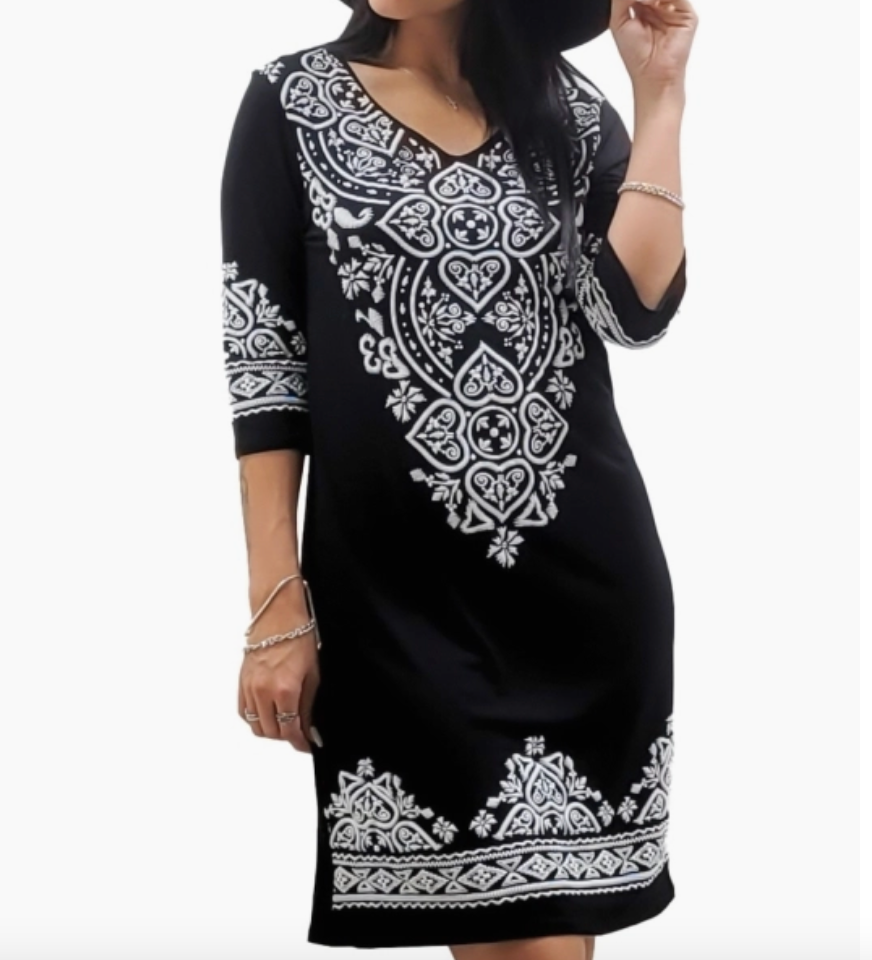 Black Damask 3/4 Dress