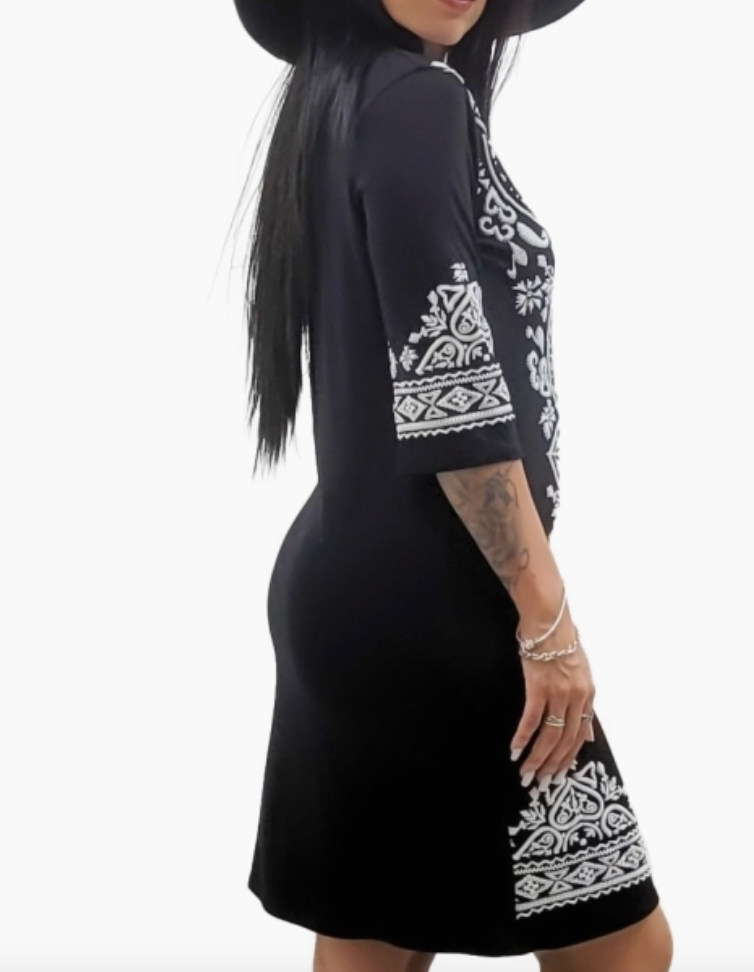 Black Damask 3/4 Dress