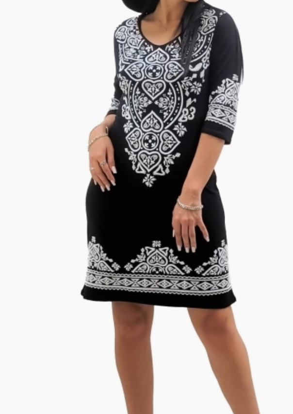 Black Damask 3/4 Dress