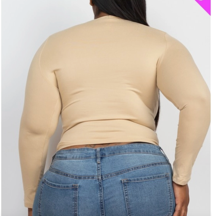 Mock Neck Curvy Fitted Top In Taupe