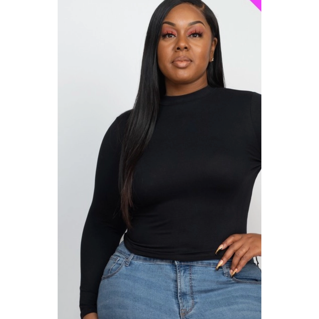 Mock Neck Curvy Fitted Top In Taupe