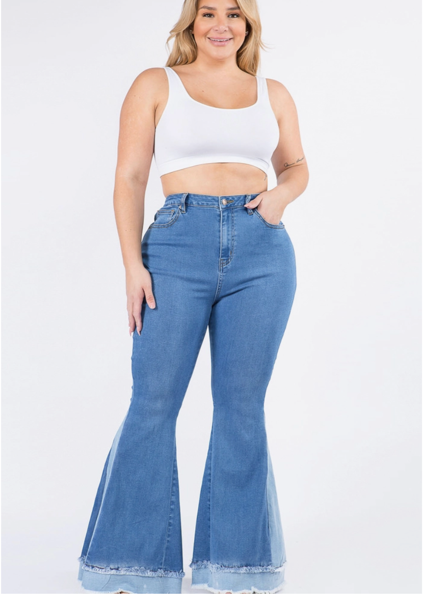 Two Tone Curvy Fit Bell Bottom Flare Jeans
