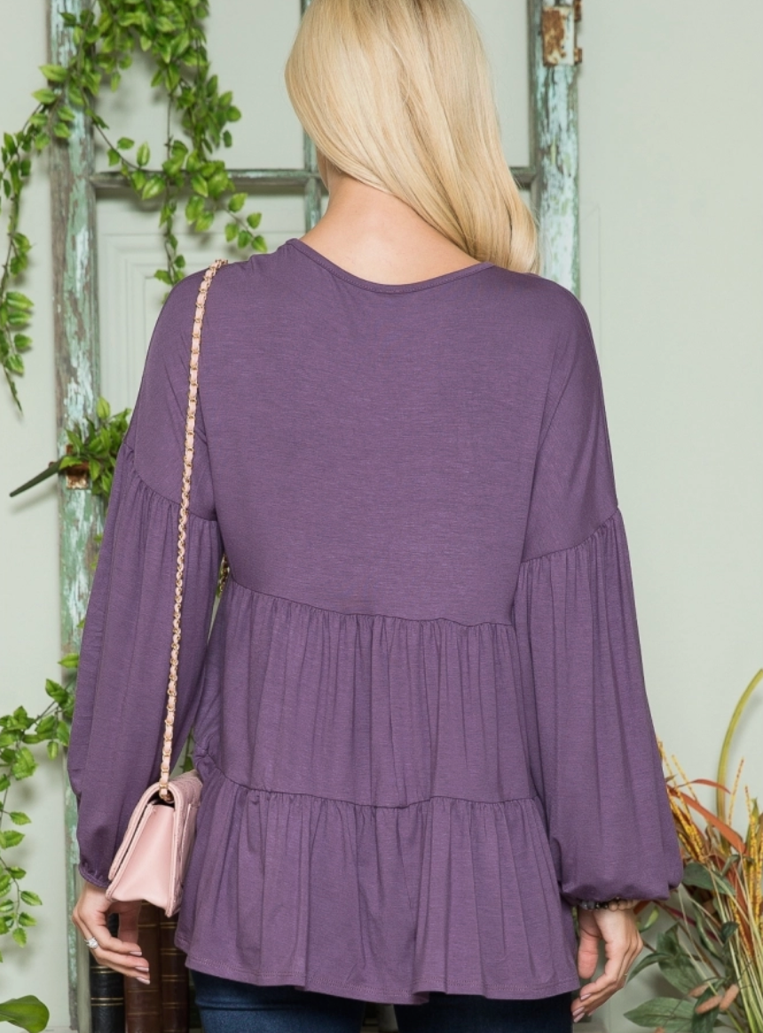 Purple Curvy Fit Long Sleeve Peplum Top