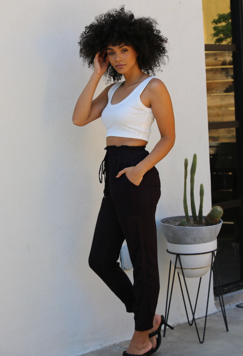 Black Paper Bag Tie Waist Joggers