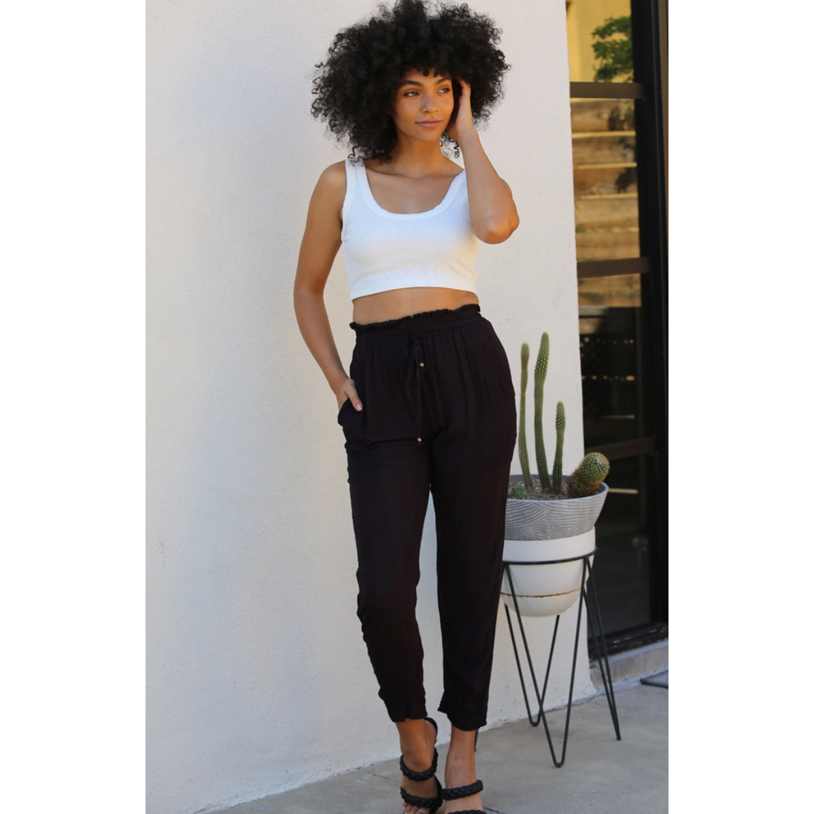 Black Paper Bag Tie Waist Joggers