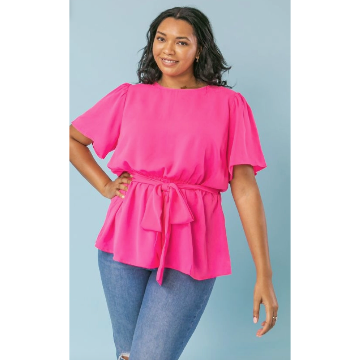Fuchsia Bell Sleeve Curvy Fit Blouse