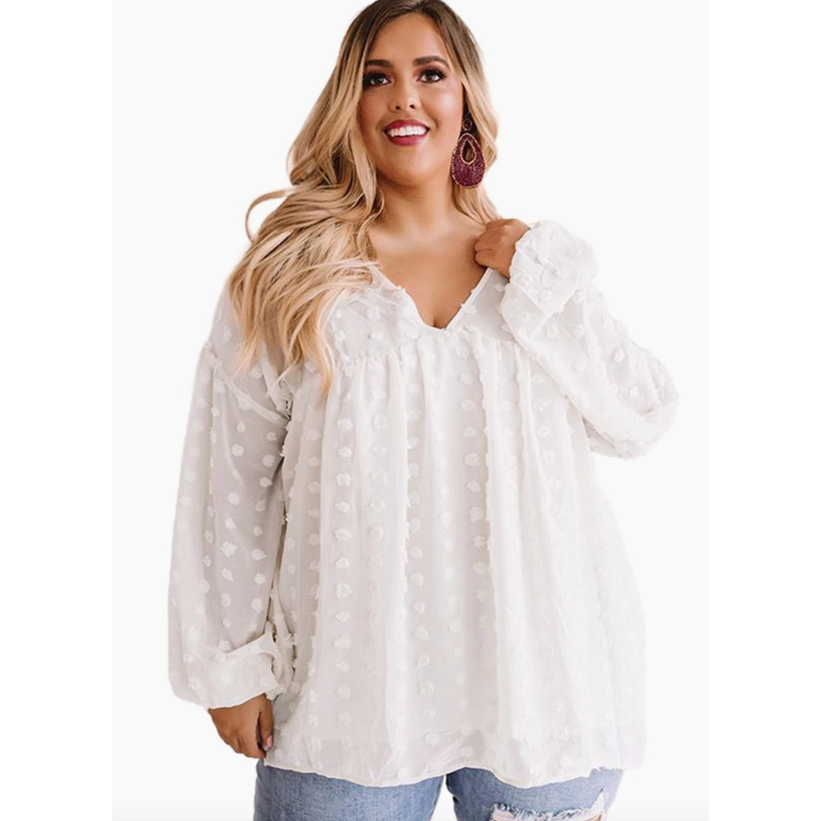 White V Neck Swiss Dot Curvy Fit Blouse