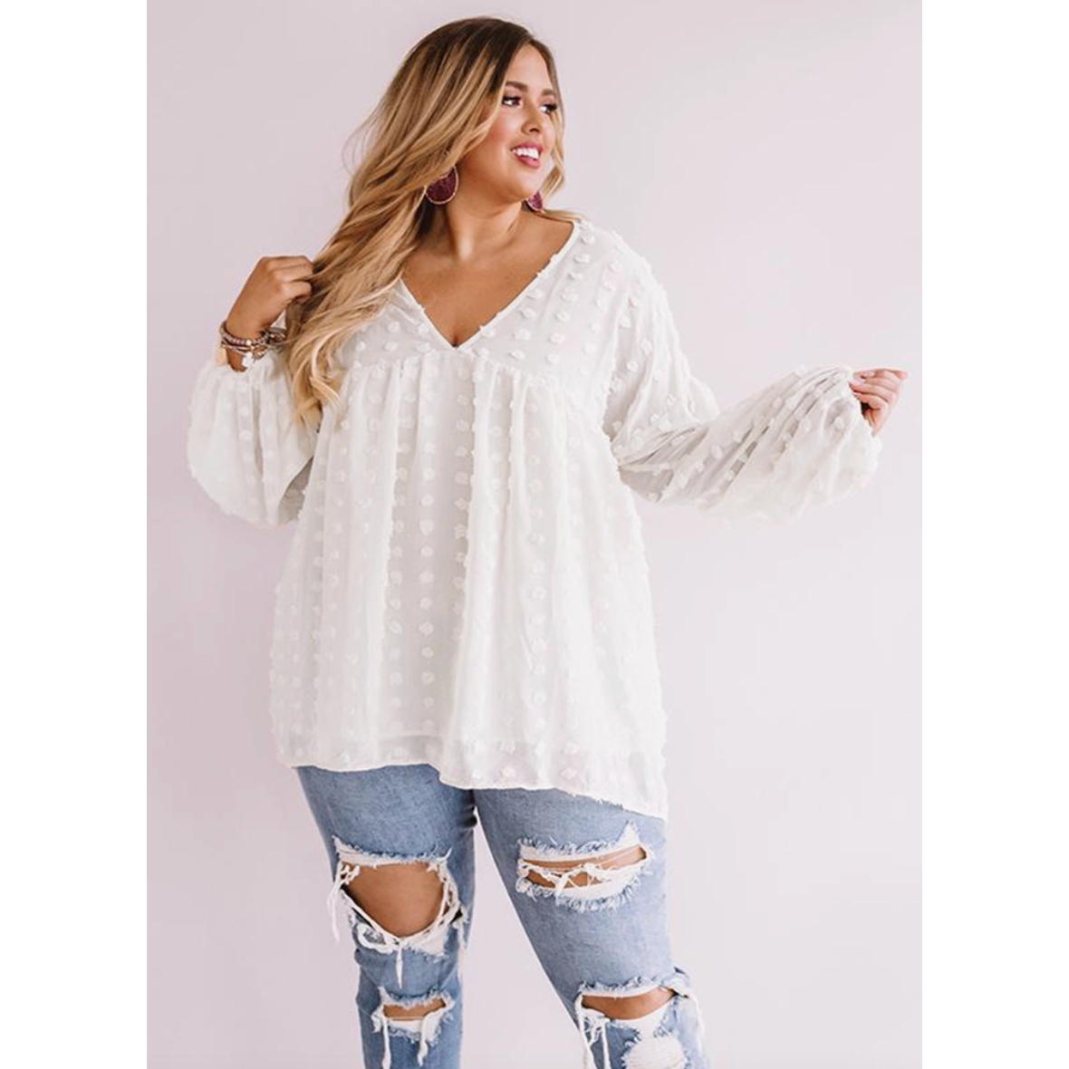 White V Neck Swiss Dot Curvy Fit Blouse