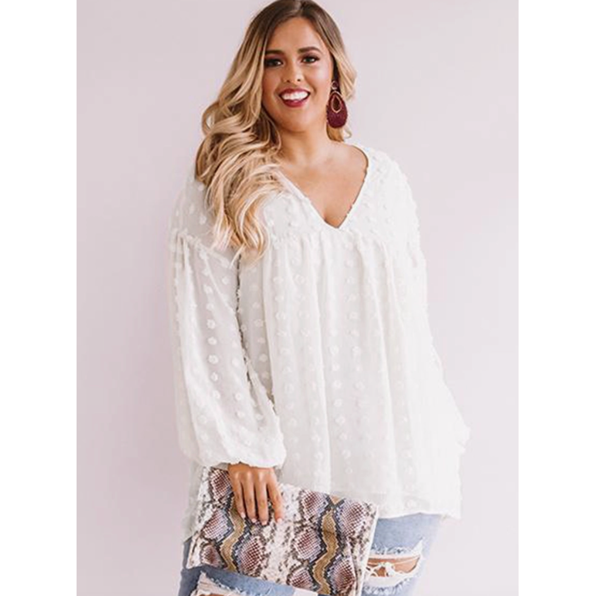 White V Neck Swiss Dot Curvy Fit Blouse