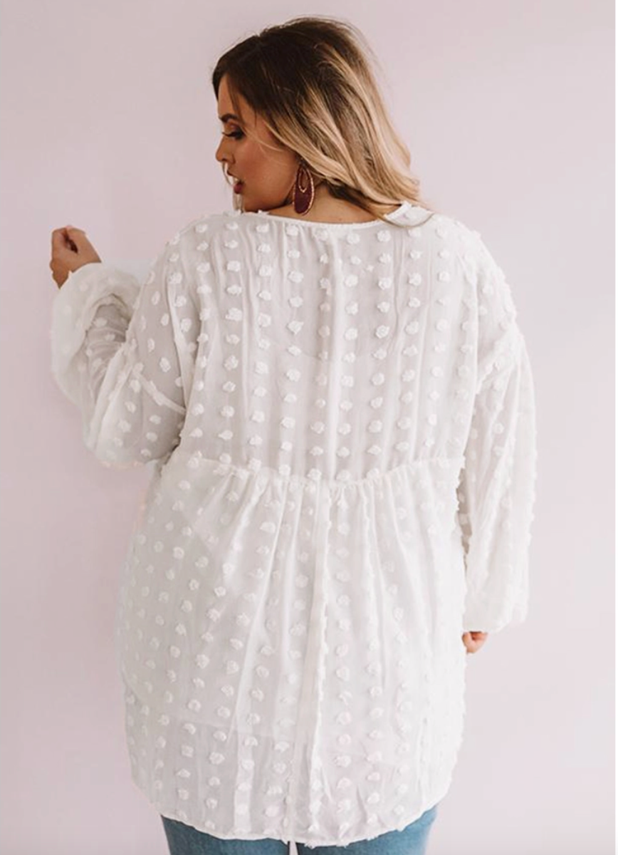 White V Neck Swiss Dot Curvy Fit Blouse