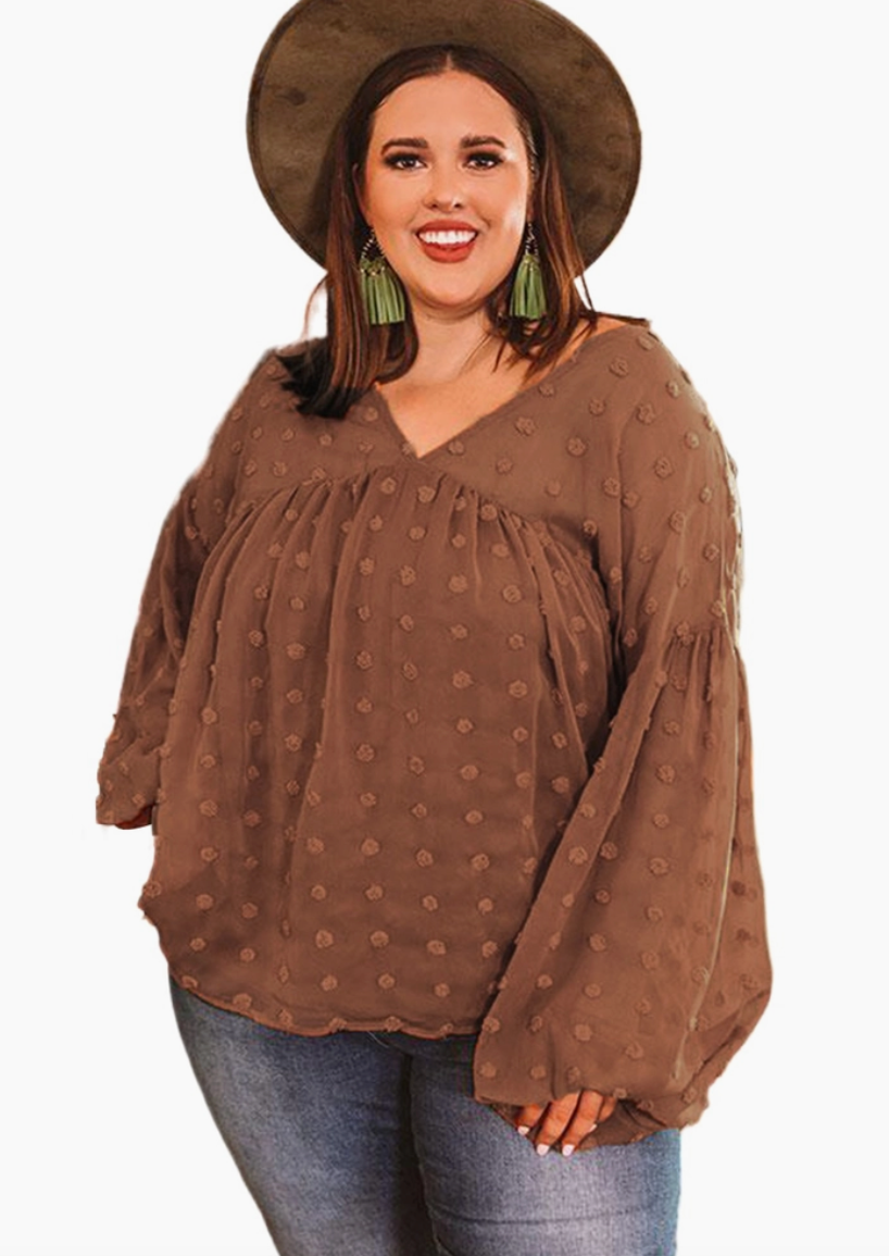 Brown V Neck Swiss Dot Curvy Fit Blouse