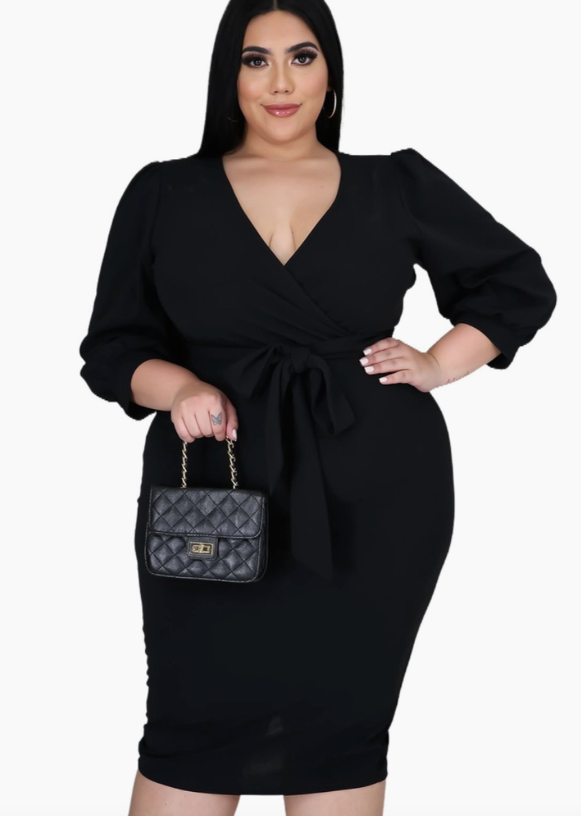 Black Puff Sleeve Curvy Fit Midi Dress