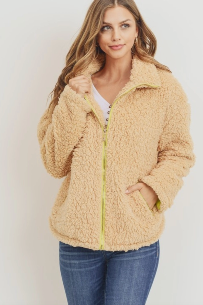 Tan & Neon Sherpa Zip-Up Jacket