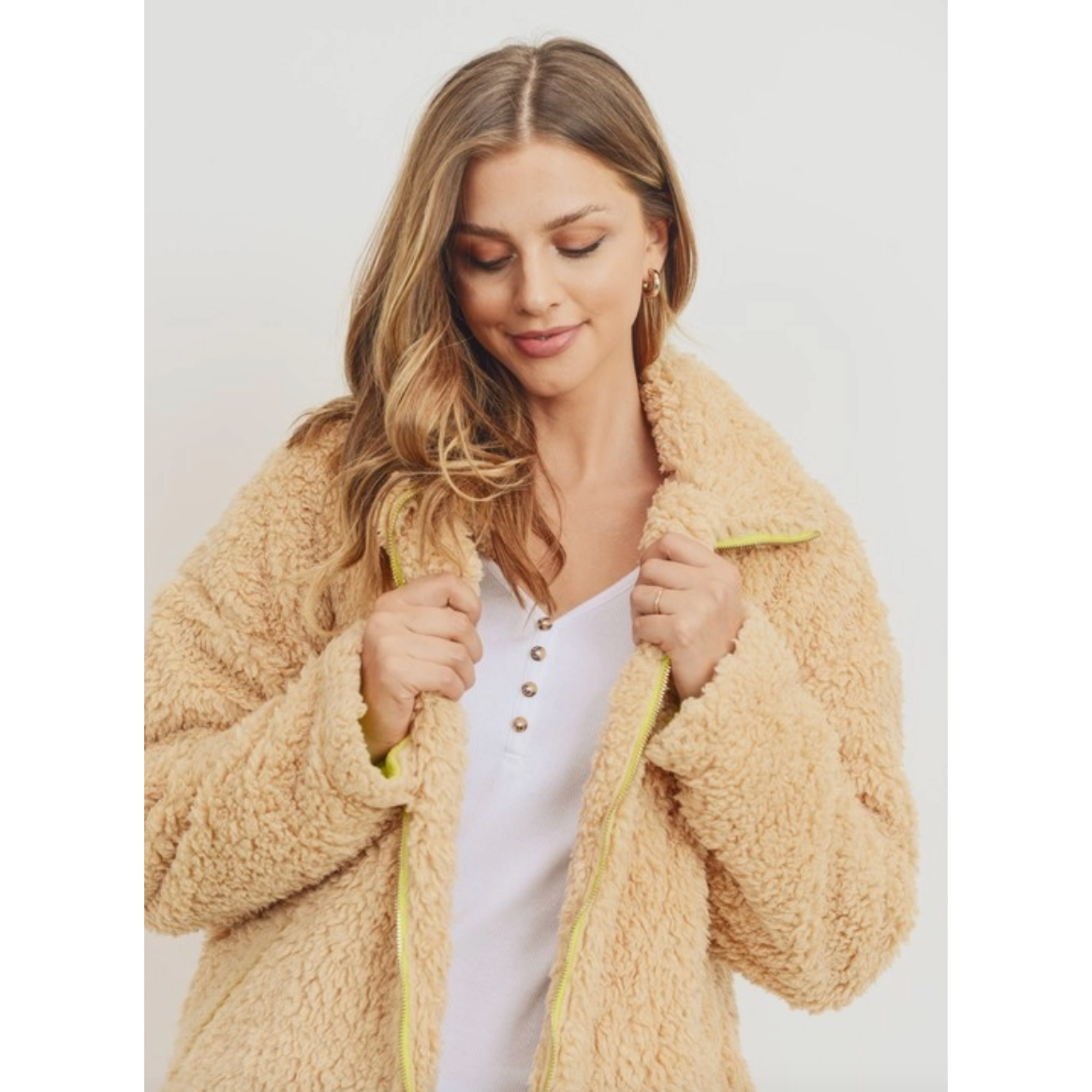 Tan & Neon Sherpa Zip-Up Jacket