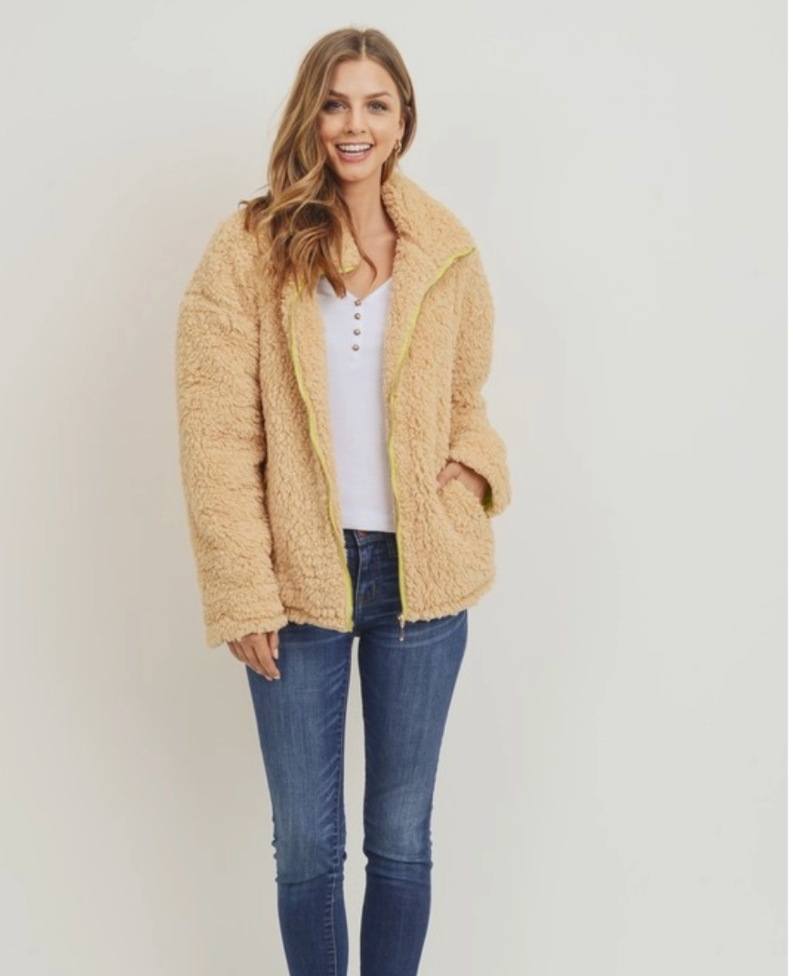 Tan & Neon Sherpa Zip-Up Jacket