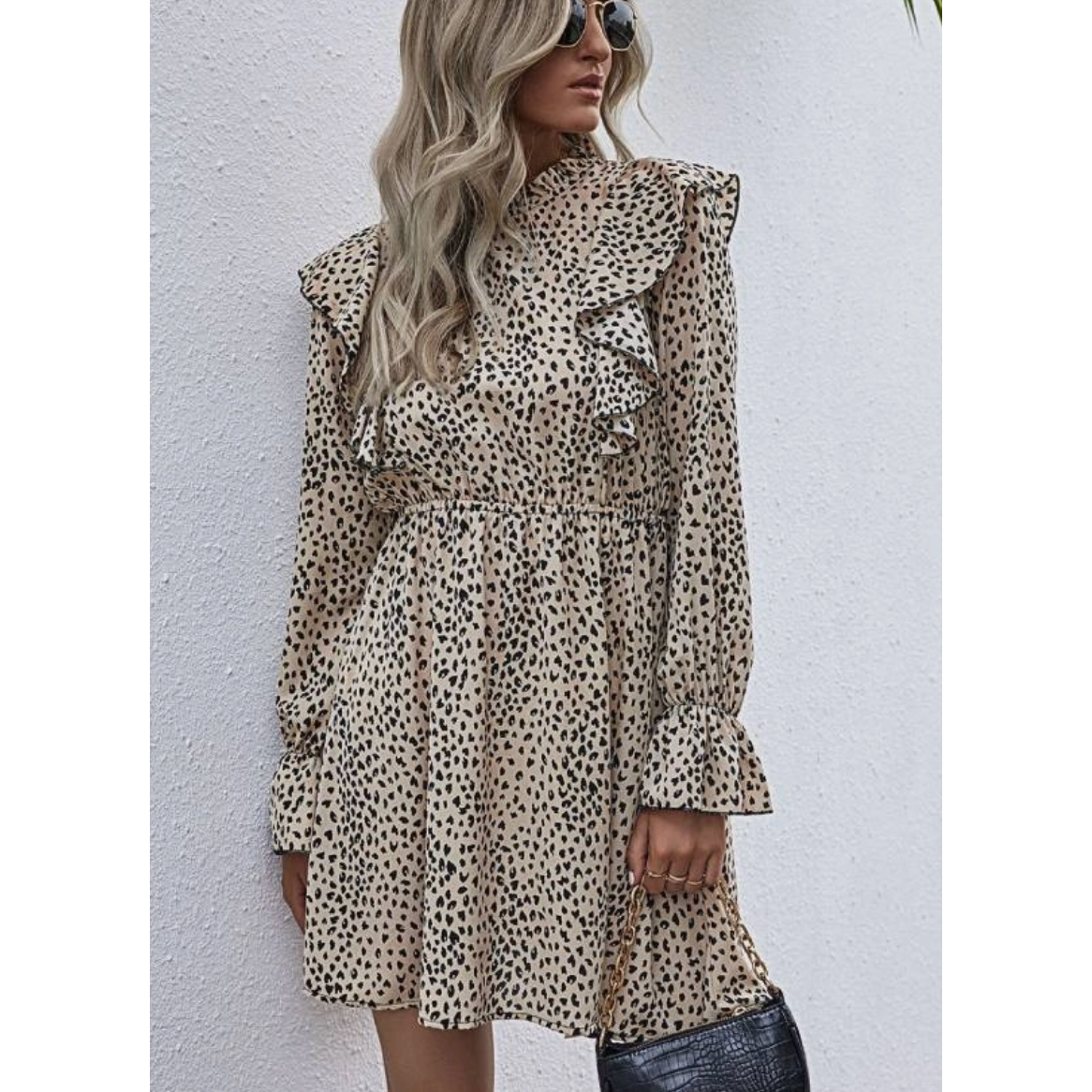 Polka Dot Animal Print Long Sleeve Mini Dress