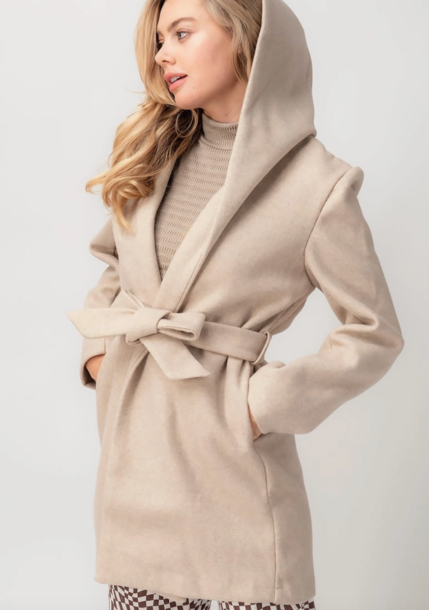 Hooded Lapel Coat in Oatmeal