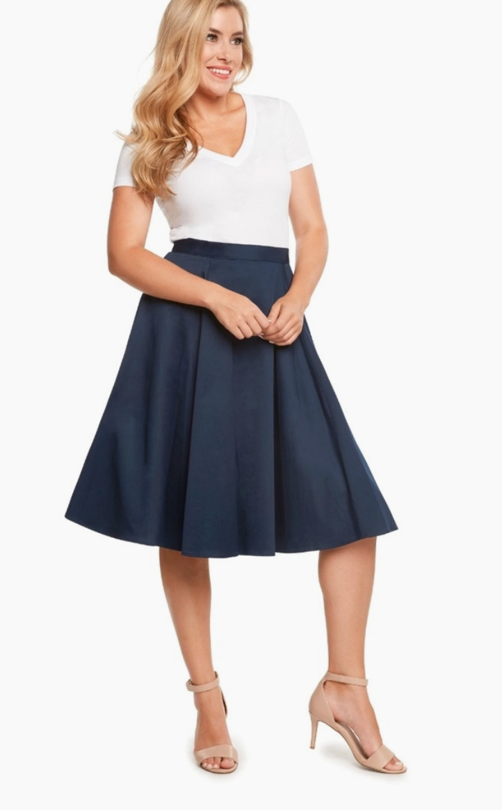 Navy Pleated Midi Skirt With Pockets