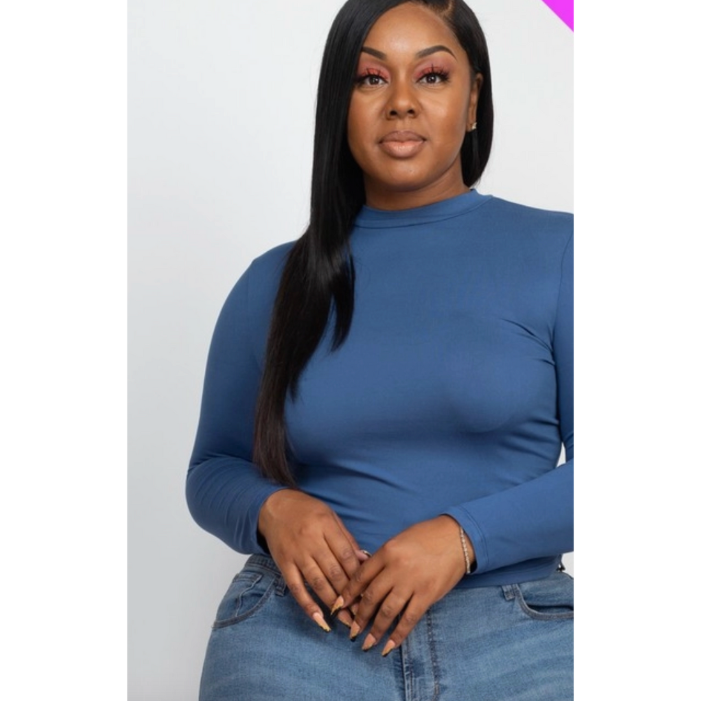 Mock Neck Curvy Fitted Top In Blue