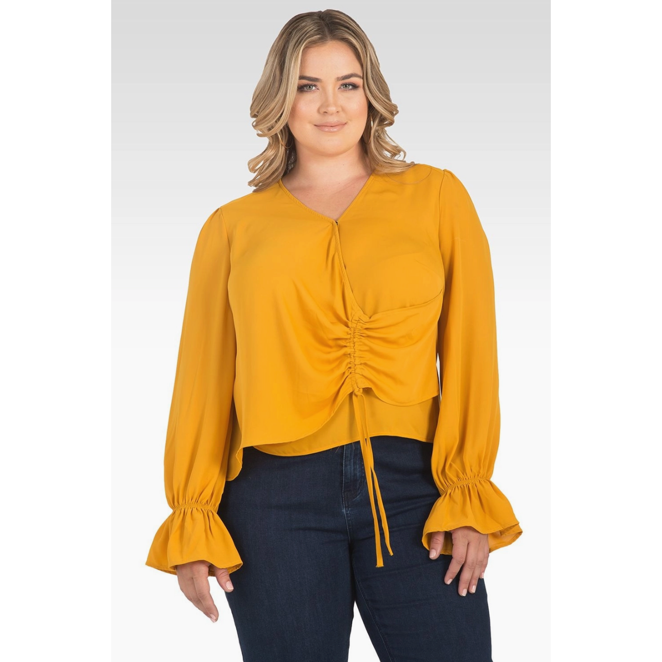 Long Sleeve Curvy Fit Surplice Wrap Blouse