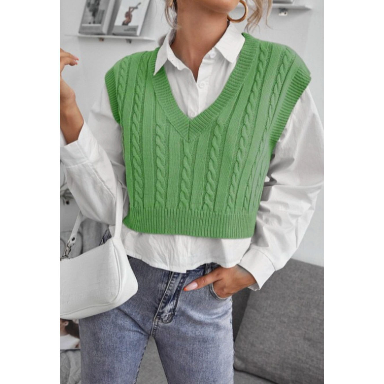 Green Cable Knit V-Neck Sweater Vest