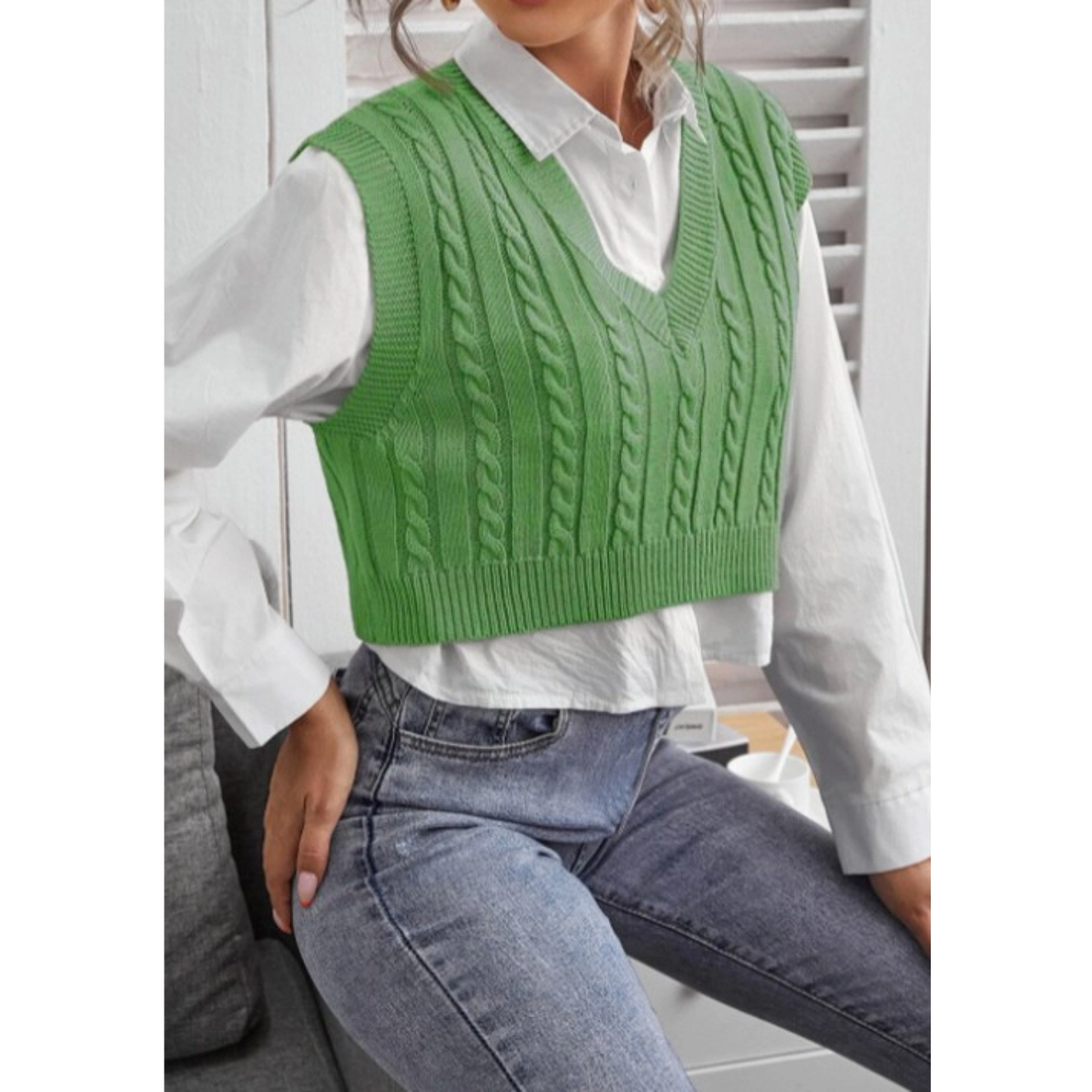 Green Cable Knit V-Neck Sweater Vest