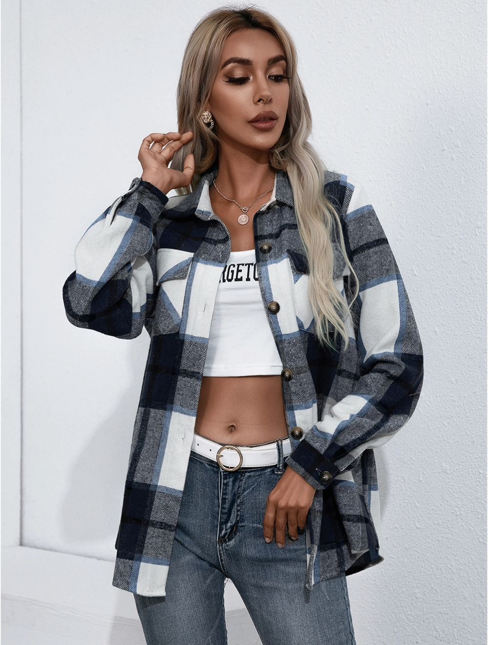 Navy Plaid Button Down Shacket