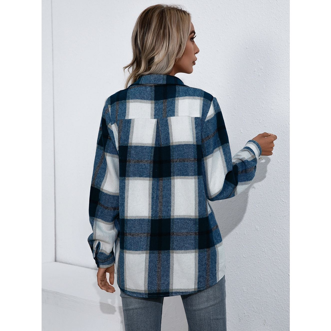 Navy Plaid Button Down Shacket