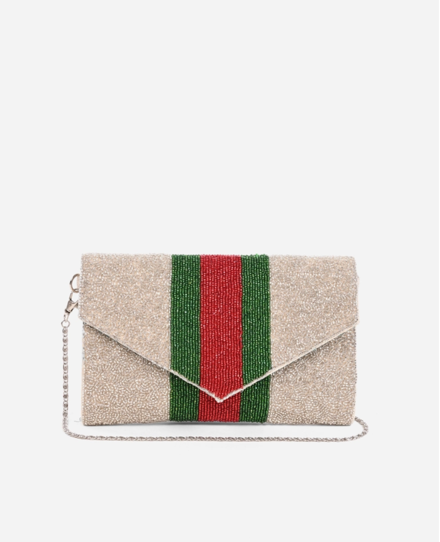 Green & Red Striped Beaded Clutch