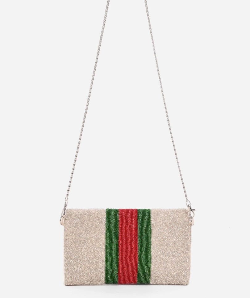 Green & Red Striped Beaded Clutch