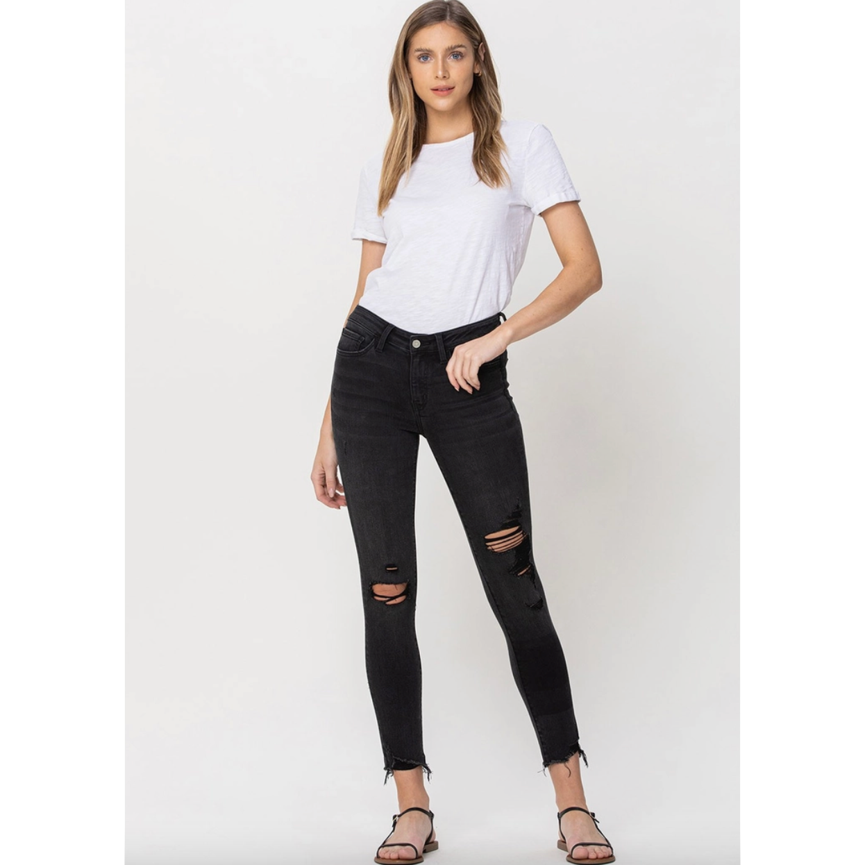 Mid Rise Distressed Raw Hem Crop Skinny Jeans