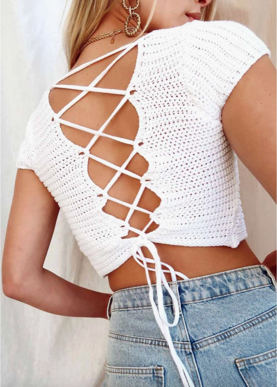 Square Neck Pierced Knit Crop Top