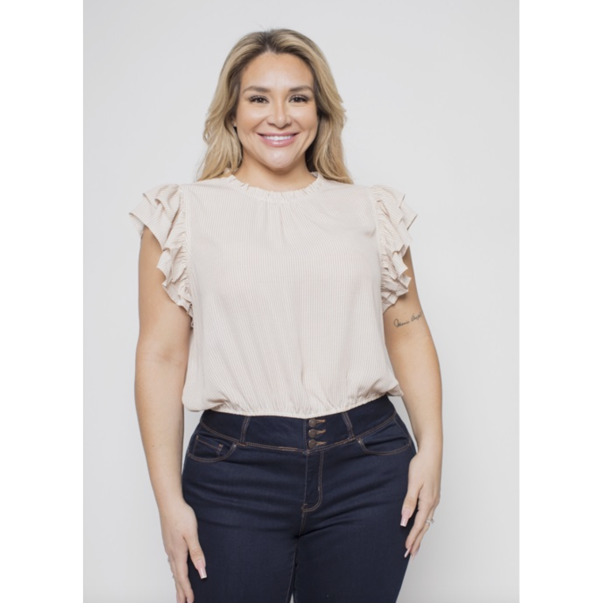 Navy Ruffle Sleeve Curvy Fit Blouse