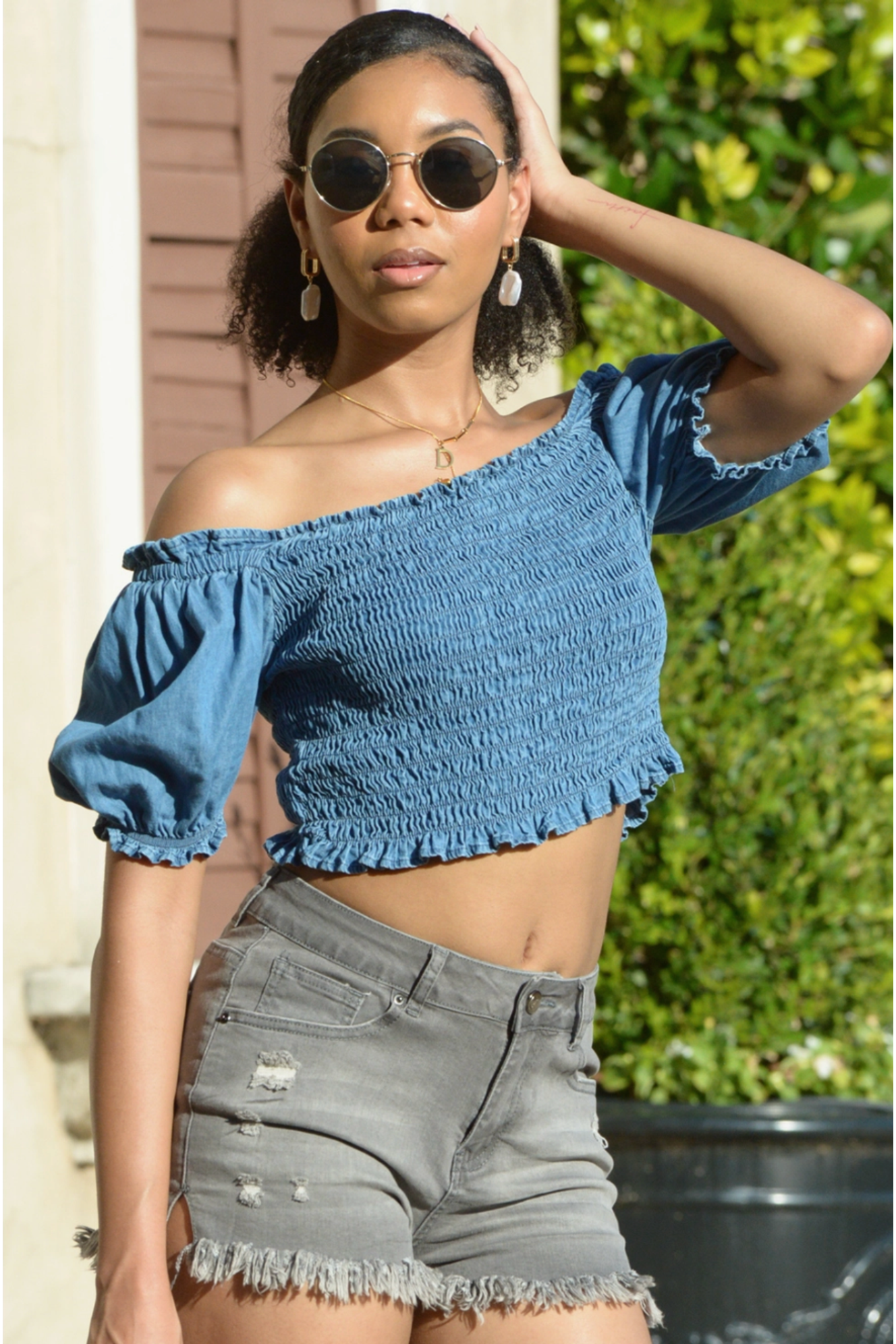 Blue Denim Ruffle Smocked Crop Top