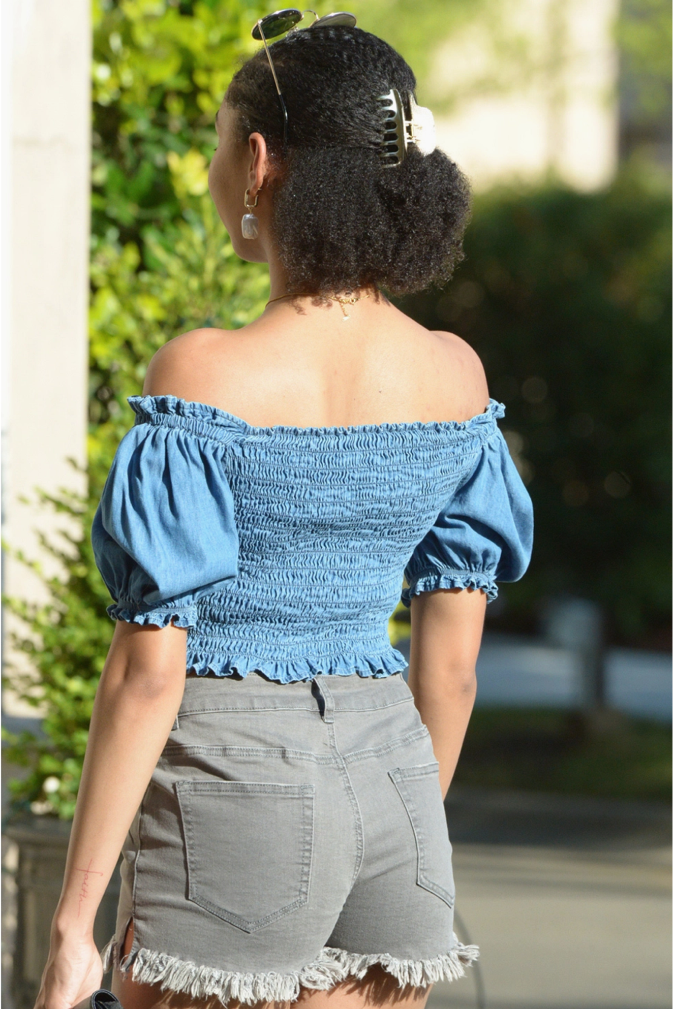 Blue Denim Ruffle Smocked Crop Top