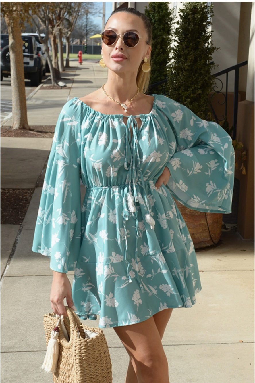 Aqua Floral Long Sleeve Flowy Mini Dress