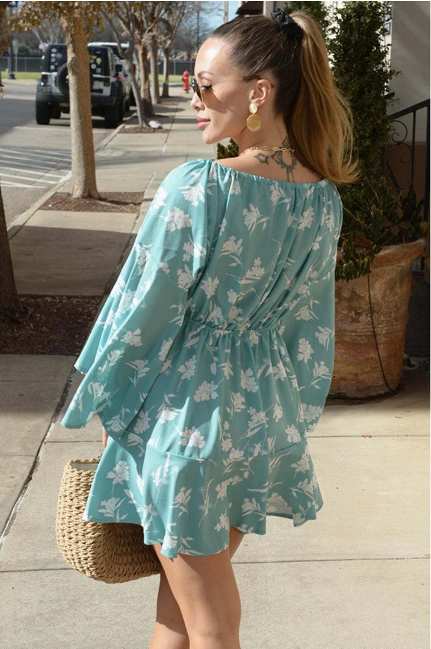 Aqua Floral Long Sleeve Flowy Mini Dress