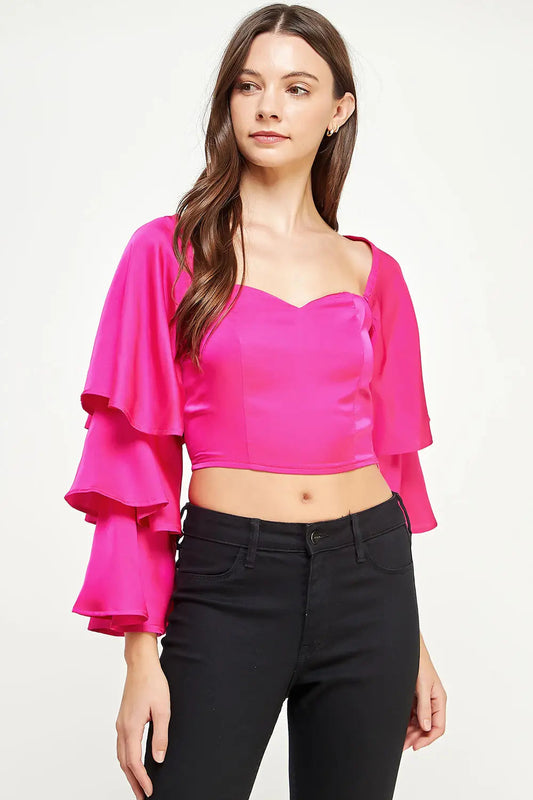 Fuchsia Trumpet Sleeve Satin Crop Top Blouse